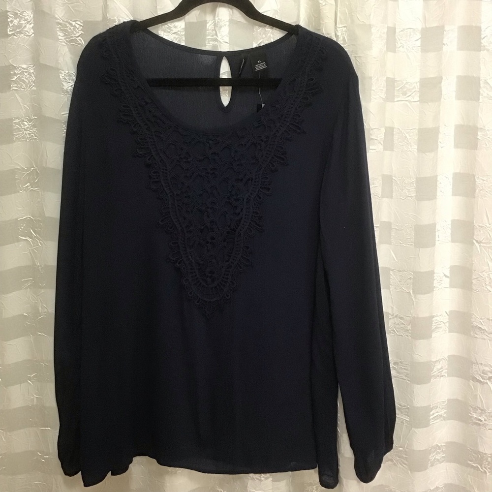 New Directions Navy Woven Polished Embellished U Neck Blouse Top NWT, Size XL